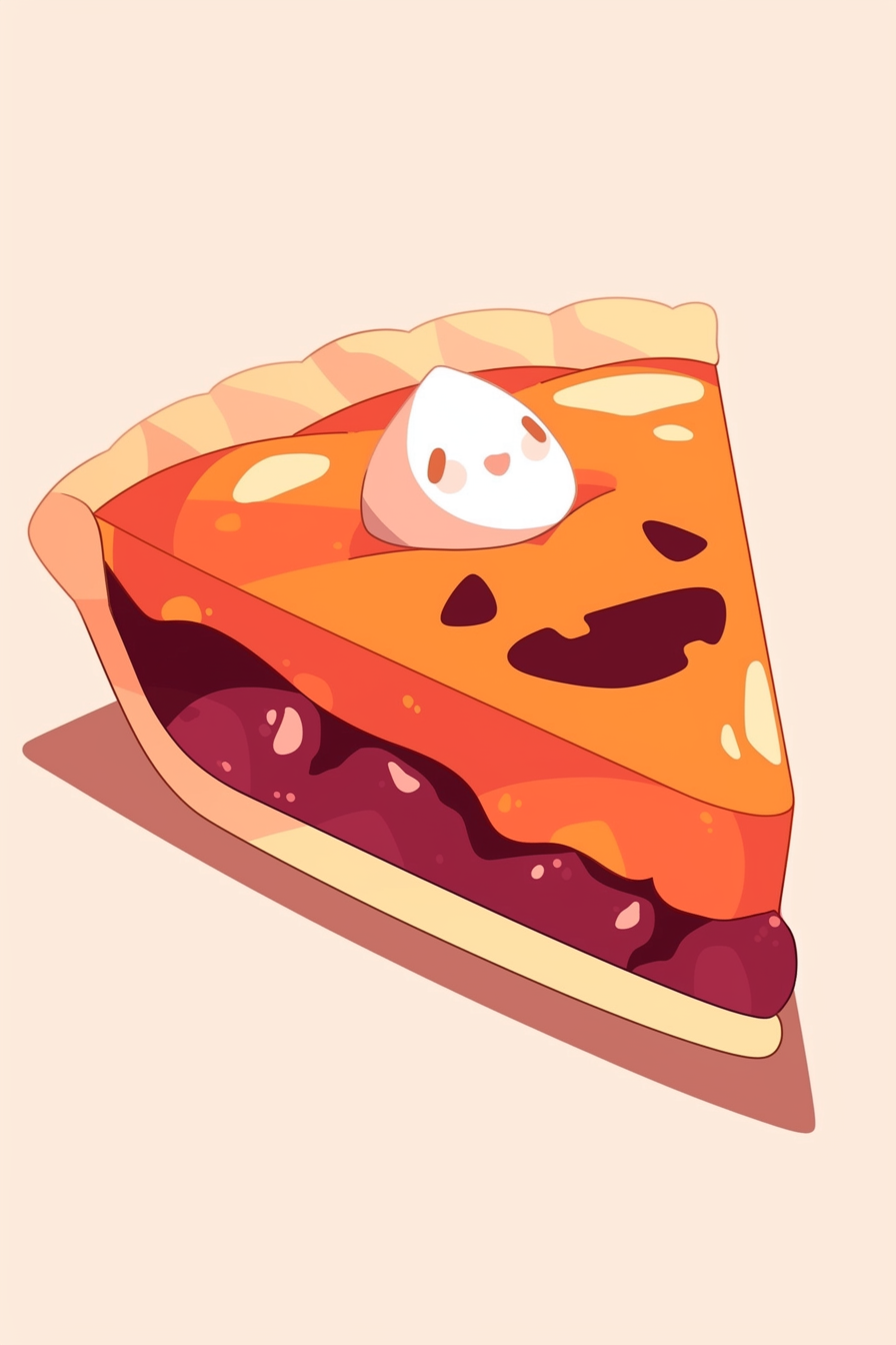 Thanksgiving food drawing ideas featuring a cute pumpkin pie slice with whipped cream and a smiling face on top.